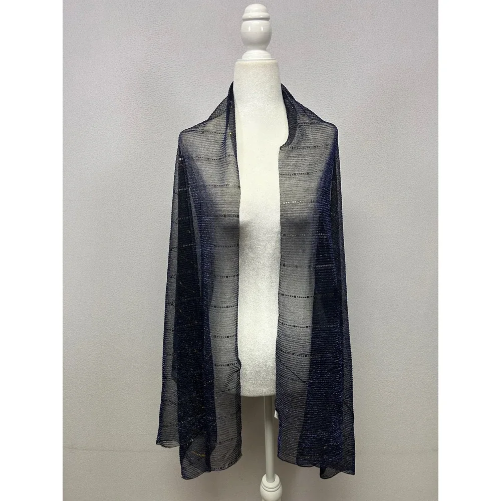 Evening Glam Womens OS Navy Blue Gold Sequin Pleated Mesh Shawl Scarf